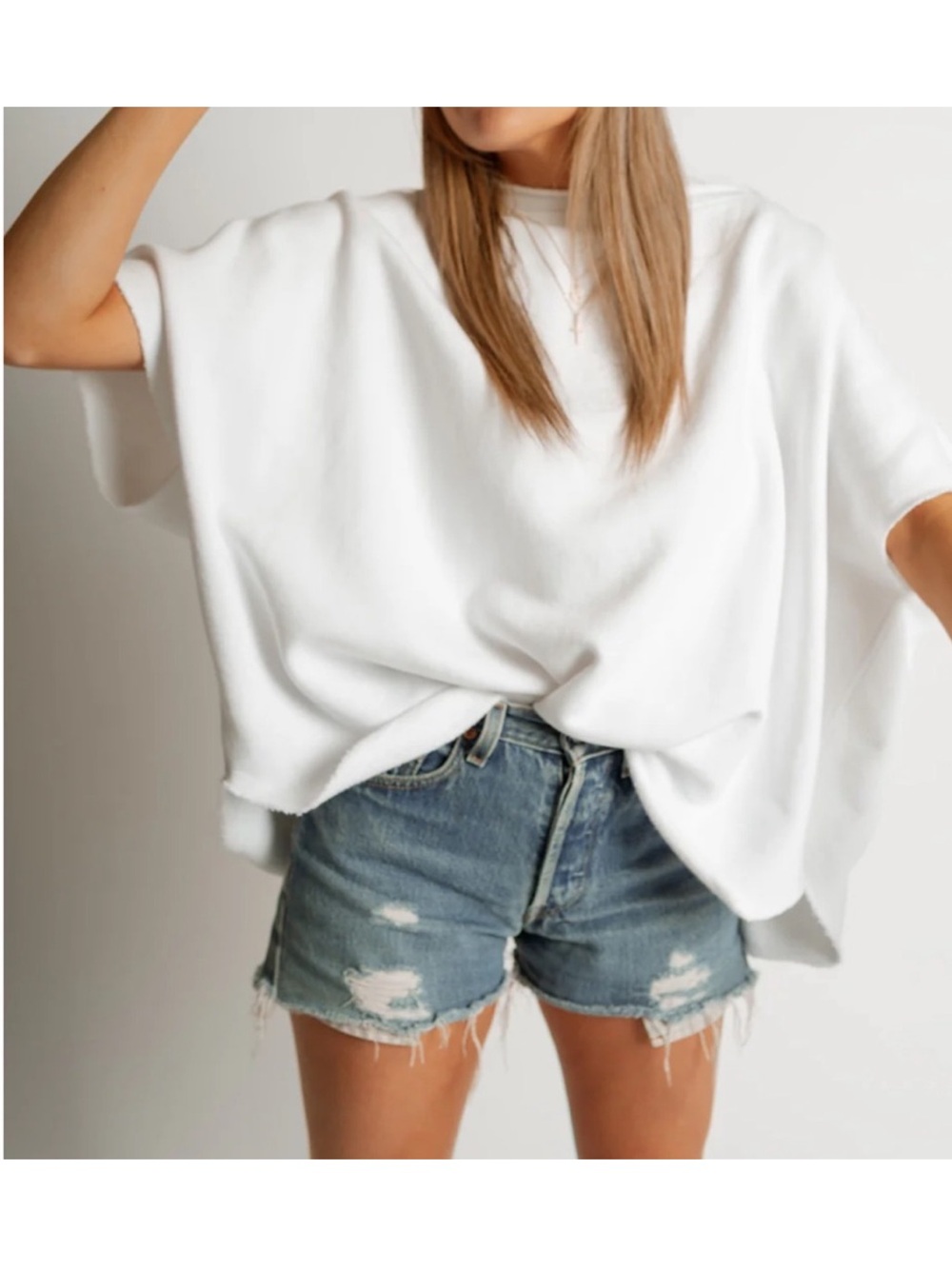 Mona B raw hem terry cloth short sleeve off shoulder tunic top